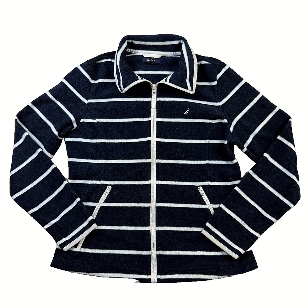 Nautica Women's Striped Full Zip Fleece Jacket Medium Navy White EUC